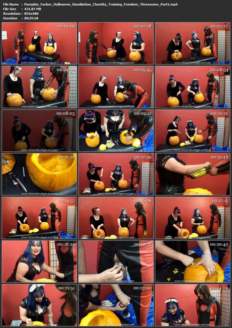 Pumpkin Fucker Halloween Humiliation – Chastity Training Femdom Threesome. Oct 24 2018. AliceInBondageLand.com (845 Mb)